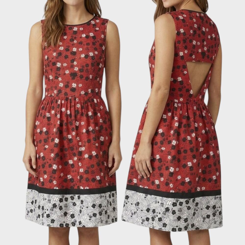 Eric + Lani Large Red Black Pattern Dress Cutout Back Sleeveless Fit Flare